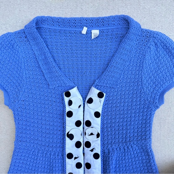 Anthropologie MOTH Blue Knit Short Sleeve Top Polka Dot Collared Snails S - Picture 5 of 7